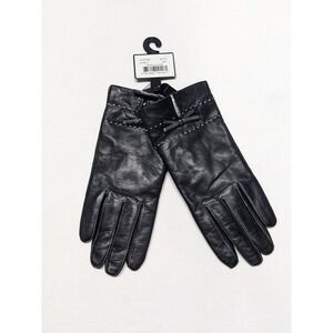 George Womens Black Leather Gloves Thinsulate Insulated Bow Accent Size L NEW